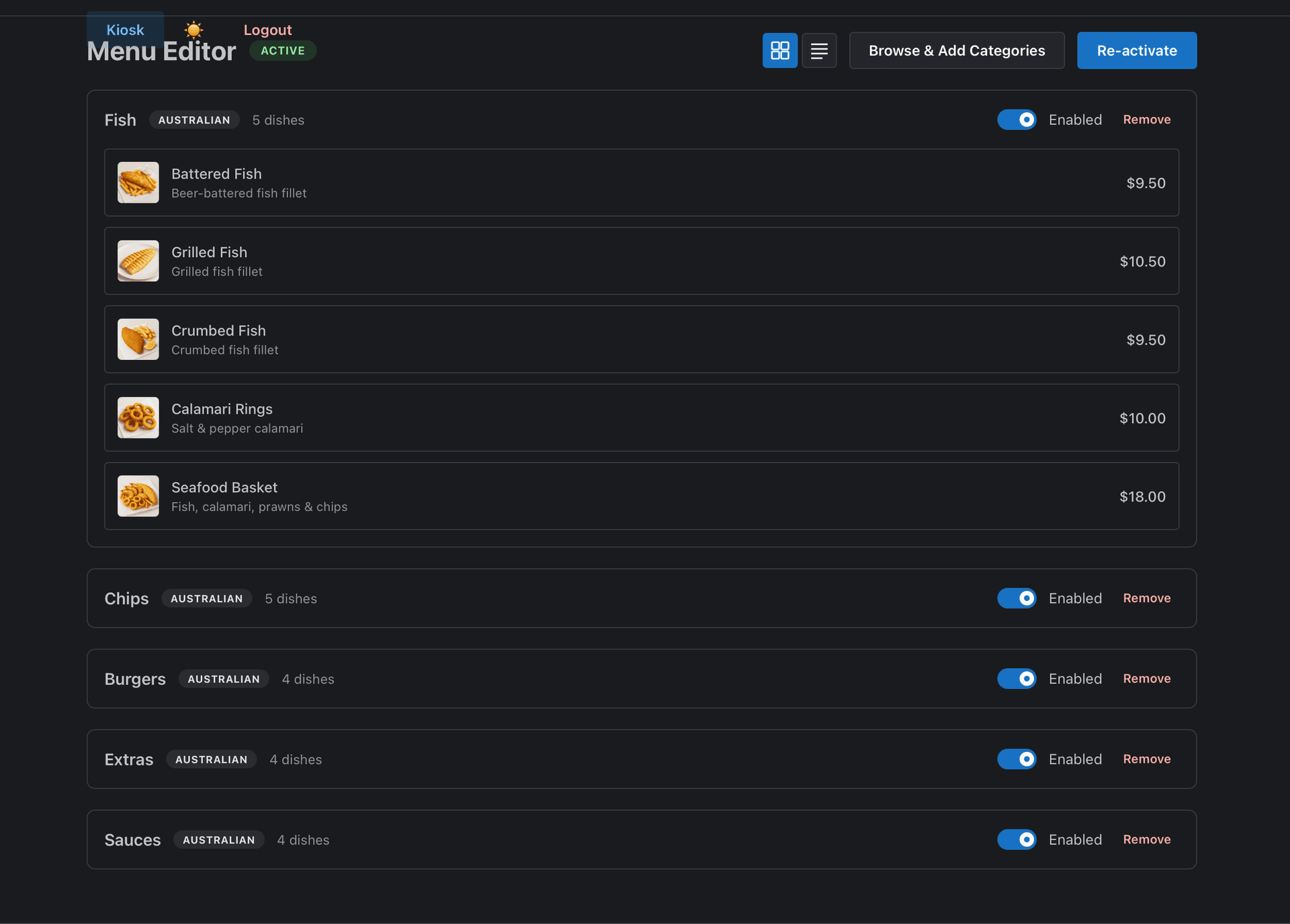 Click-O menu management screen